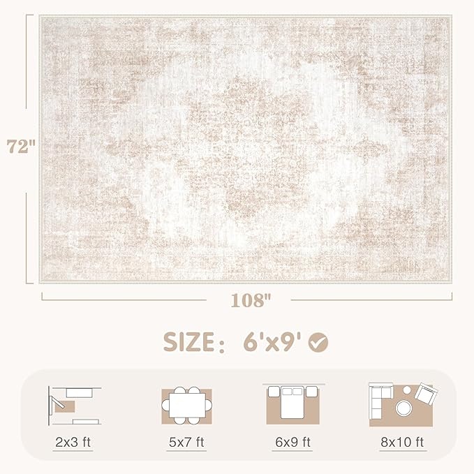 Area Rug 6x9 Vintage Rugs: Washable Living Room Rug Retro Medallion Distressed - Image 2