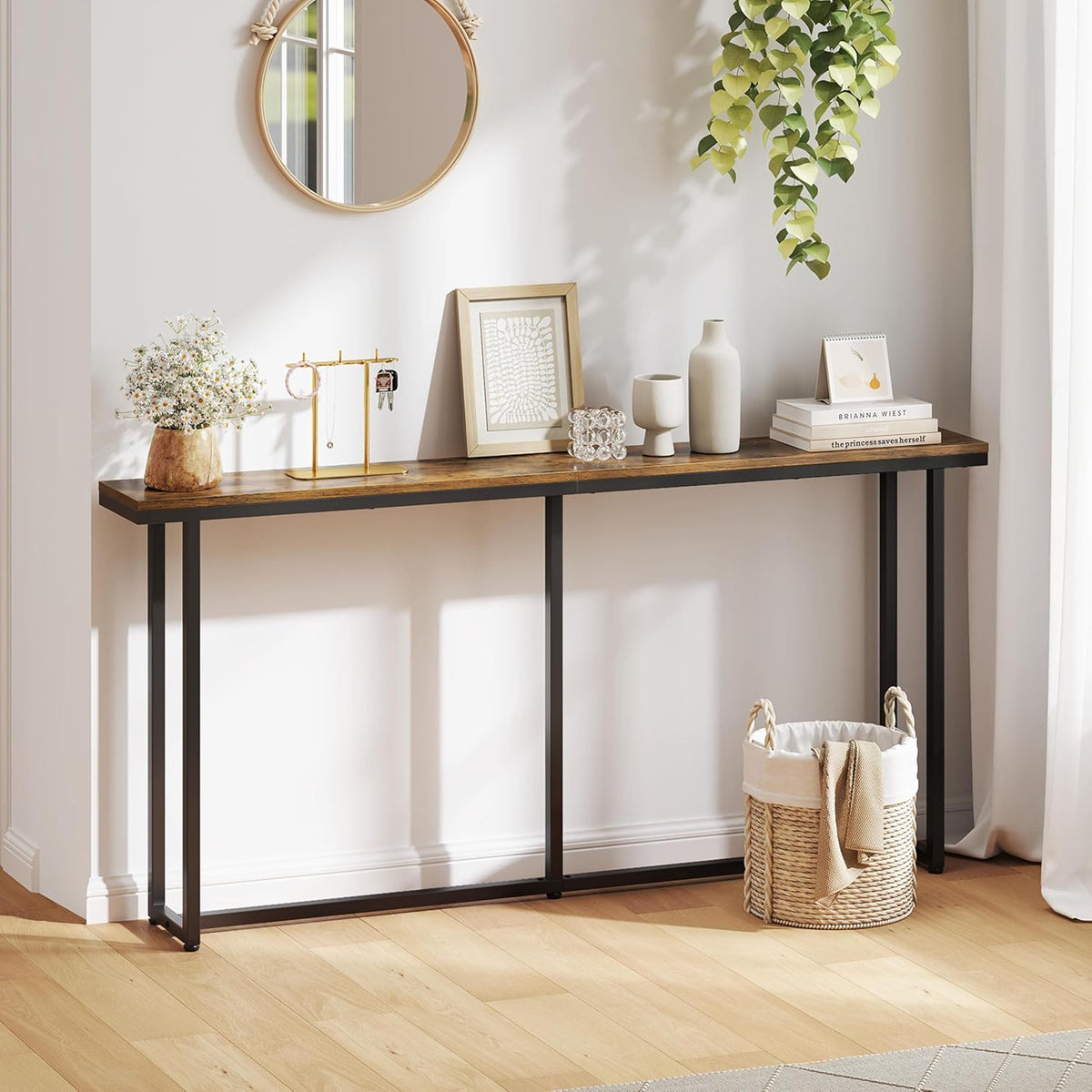 yaheetech 63" narrow console table behind couch &, front angle view