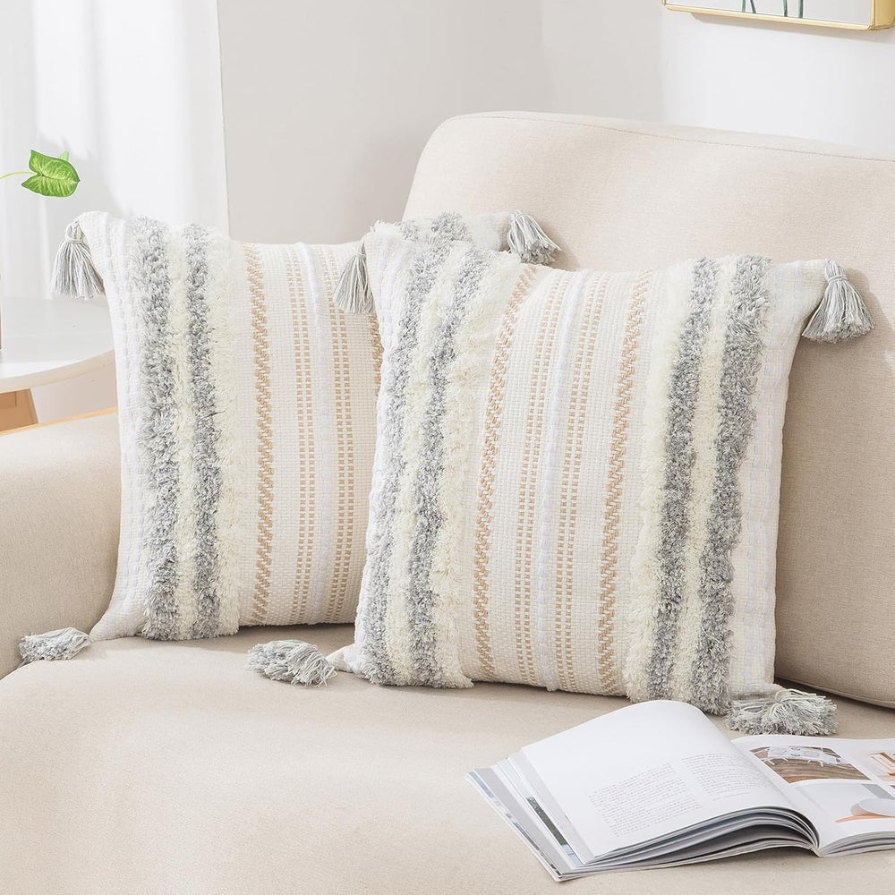 decorUhome Light Grey and Cream White Throw Pillow Covers 18x18 Set of 2