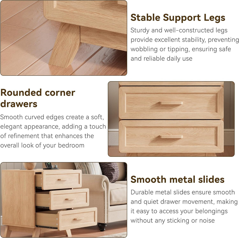 YANSNWO 23.6" Tall Nightstand with Charging Station, 3 Drawers, Natural