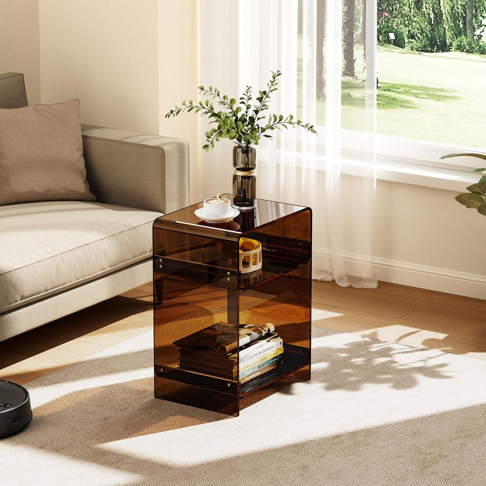 Acrylic Record Player Table with Storage Shelf, Clear Side Table Nightstand (...