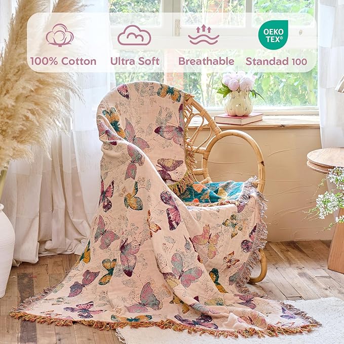 MSGKV Boho Throw Blanket for Bed Cotton Butterfly Twin Size Couch Blanket - Image 2