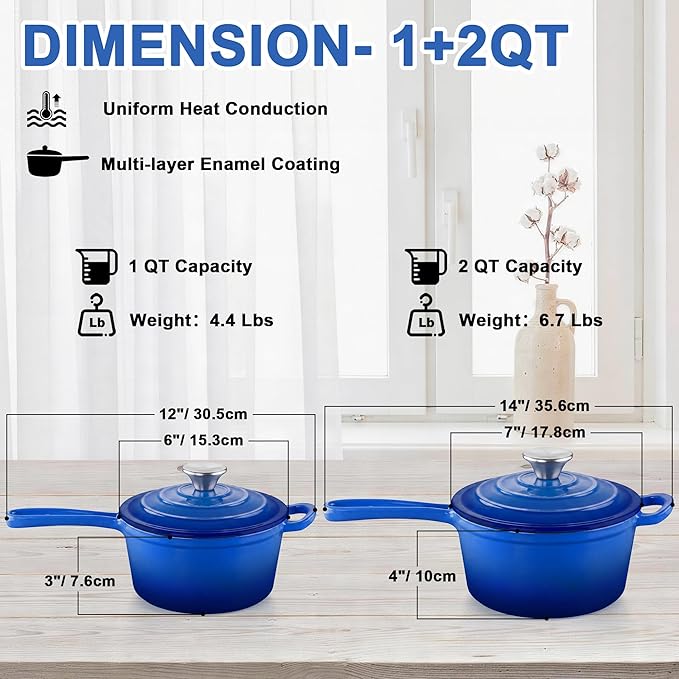 2 Pcs Enameled Sauce Pan with Lid, Leonyo 1 Qt & 2 Qt Cast Iron Saucepan Set - Image 2