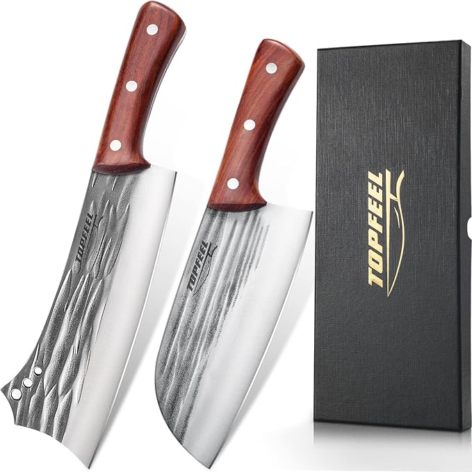 Topfeel 2PCS Meat Cleaver & Heavy Duty Bone Chopper Knife Set, Hand Forged by Topfeel