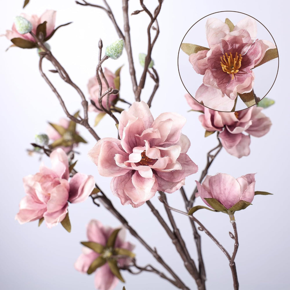 HyeFlora 3PCS Artificial Magnolia Flowers Stems for Spring Decoration, Faux P...