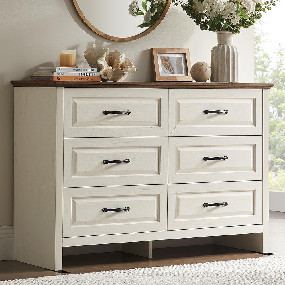 Amada Farmhouse 6 Drawer Dresser, Wood with Natural Texture, Brown & White