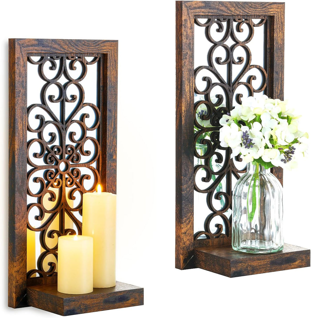 Mirrored Browm Wall Candle Sconces Set of 2 with Scrollwork Design