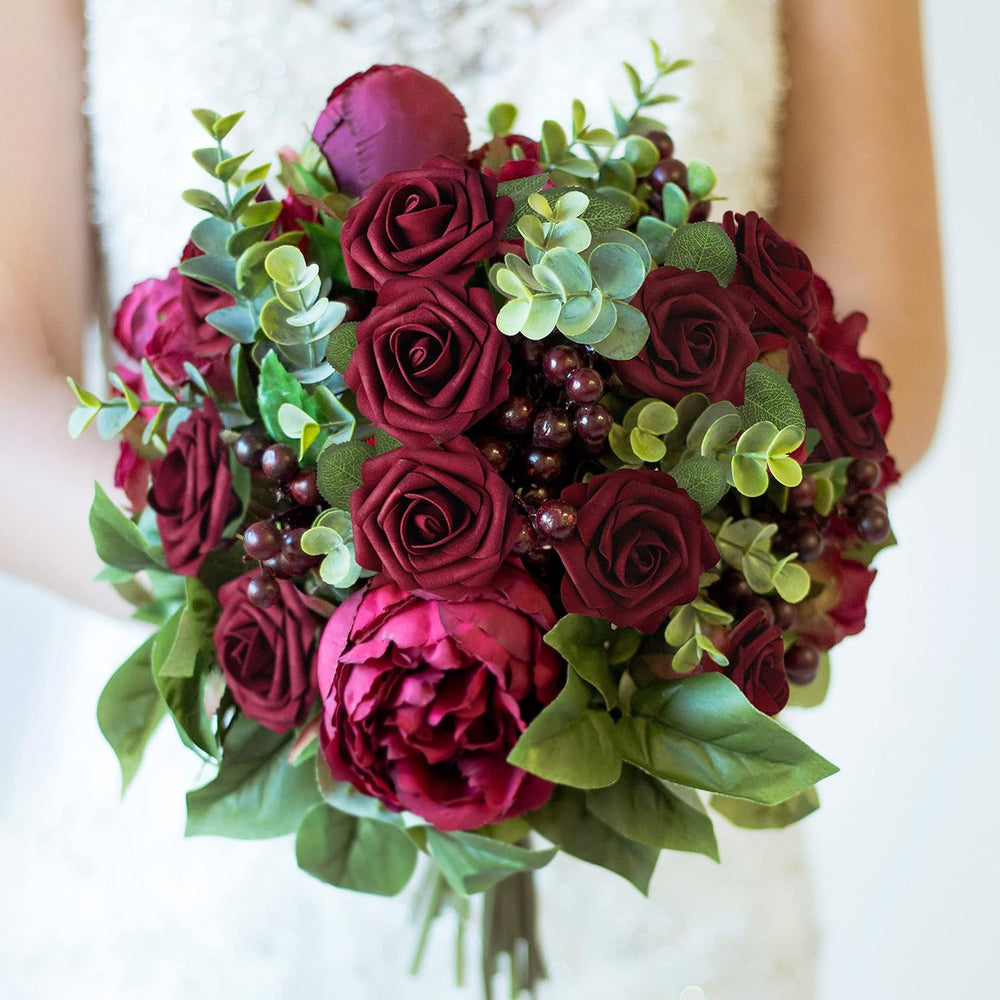 Mocoosy 50Pcs Burgundy Roses Artificial Flowers, Burgundy Fake Rose for Decor...