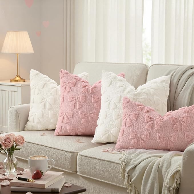 decorUhome Pink Bow Pillow Covers Set of 2 Coquette Aesthetic Cute Preppy Plush - Image 2