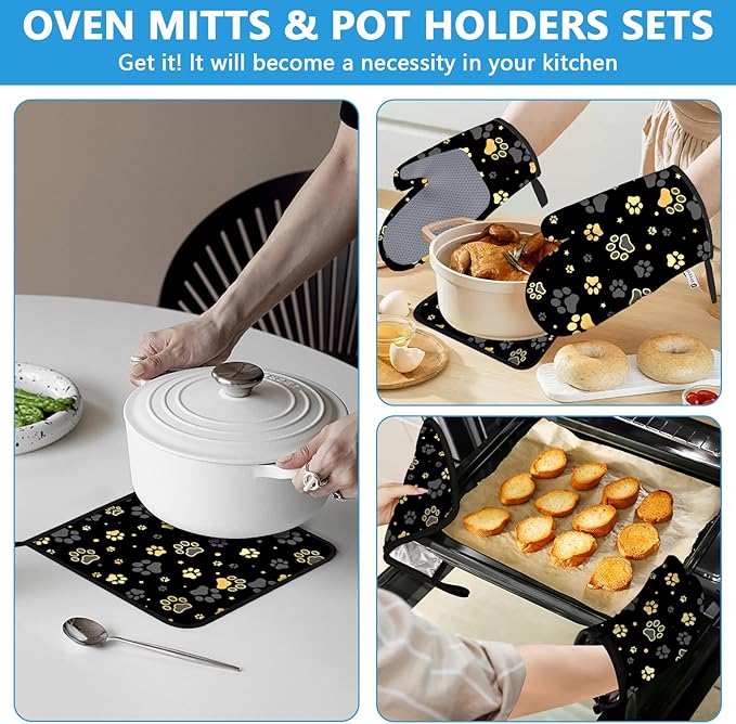 Gold Dog Paw Print Oven Mitts and Pot Holders Sets Heat Resistant 4Pcs - Image 6
