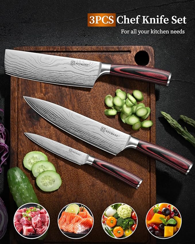 KEEMAKE 3 Pieces Knife Set, High Carbon Stainless Steel Chef Knives Sets