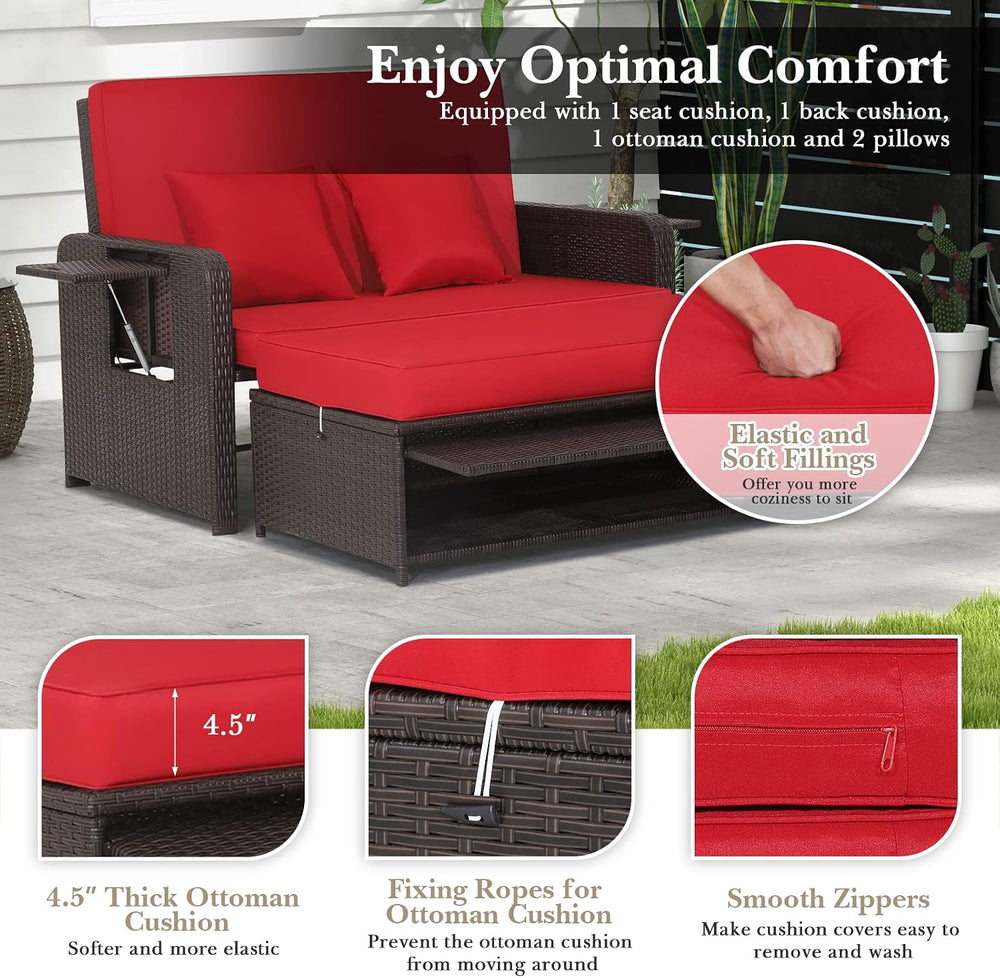 Tangkula Patio Rattan Daybed with 4-Level Adjustable Backrest, Red Cushion