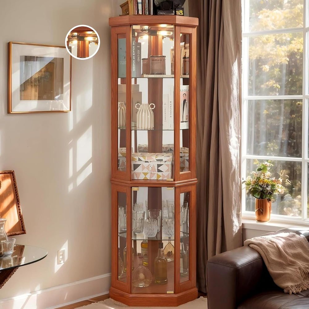 Corner Curio Cabinet, 70" H Lighted Glass Display Cage with Tempered Gla...