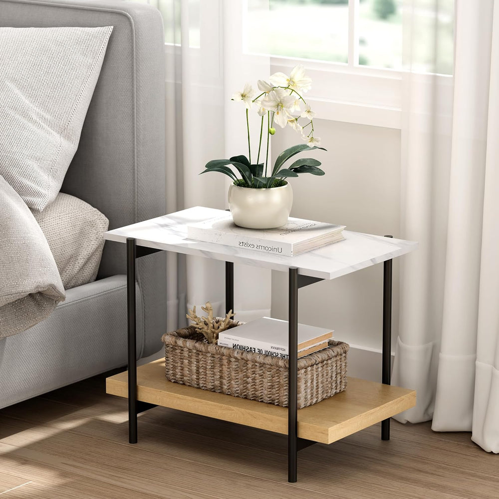 End Table with 2 Tier Wood Open Shelf, Rectangular Sofa Side Table with Metal...