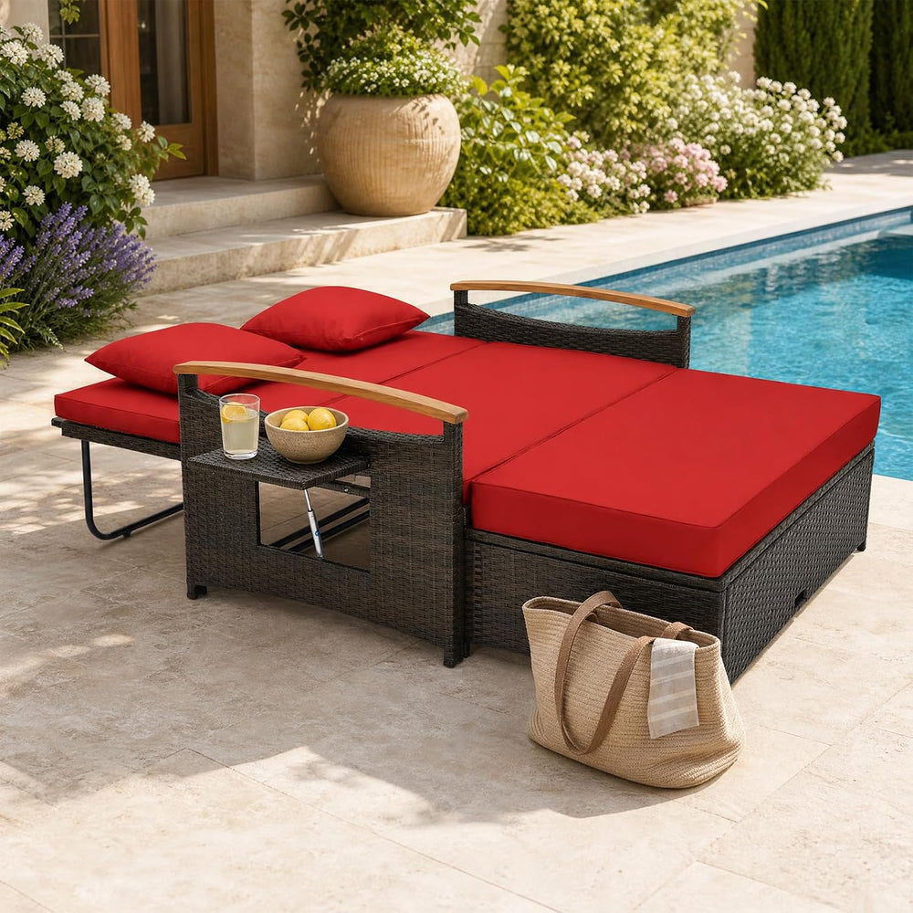 COSTWAY Patio Rattan Daybed, Outdoor Loveseat Sofa with Storage Ottoman