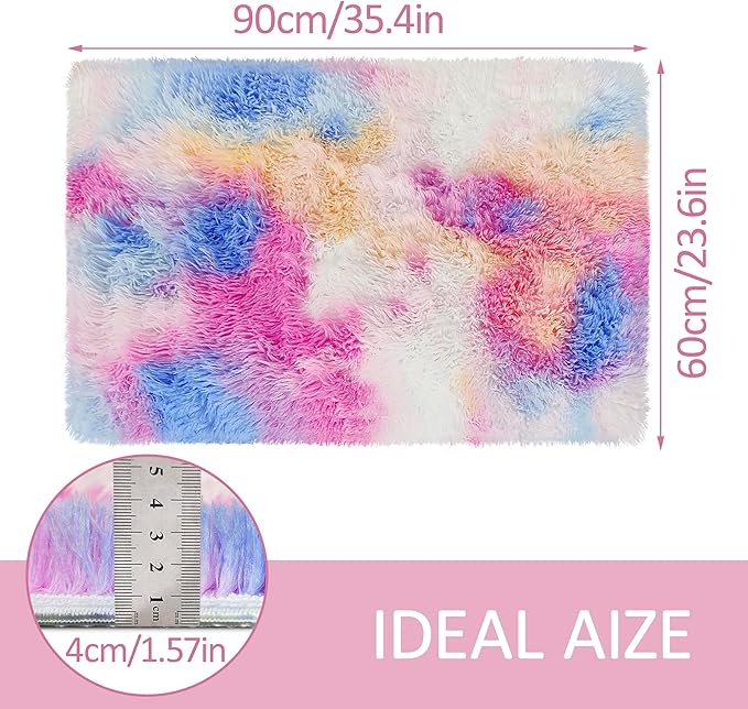 Small Fluffy Colorful Rug for Bedroom Girls 2x3 Mini Kawaii Rainbow Tie Dye - Image 2