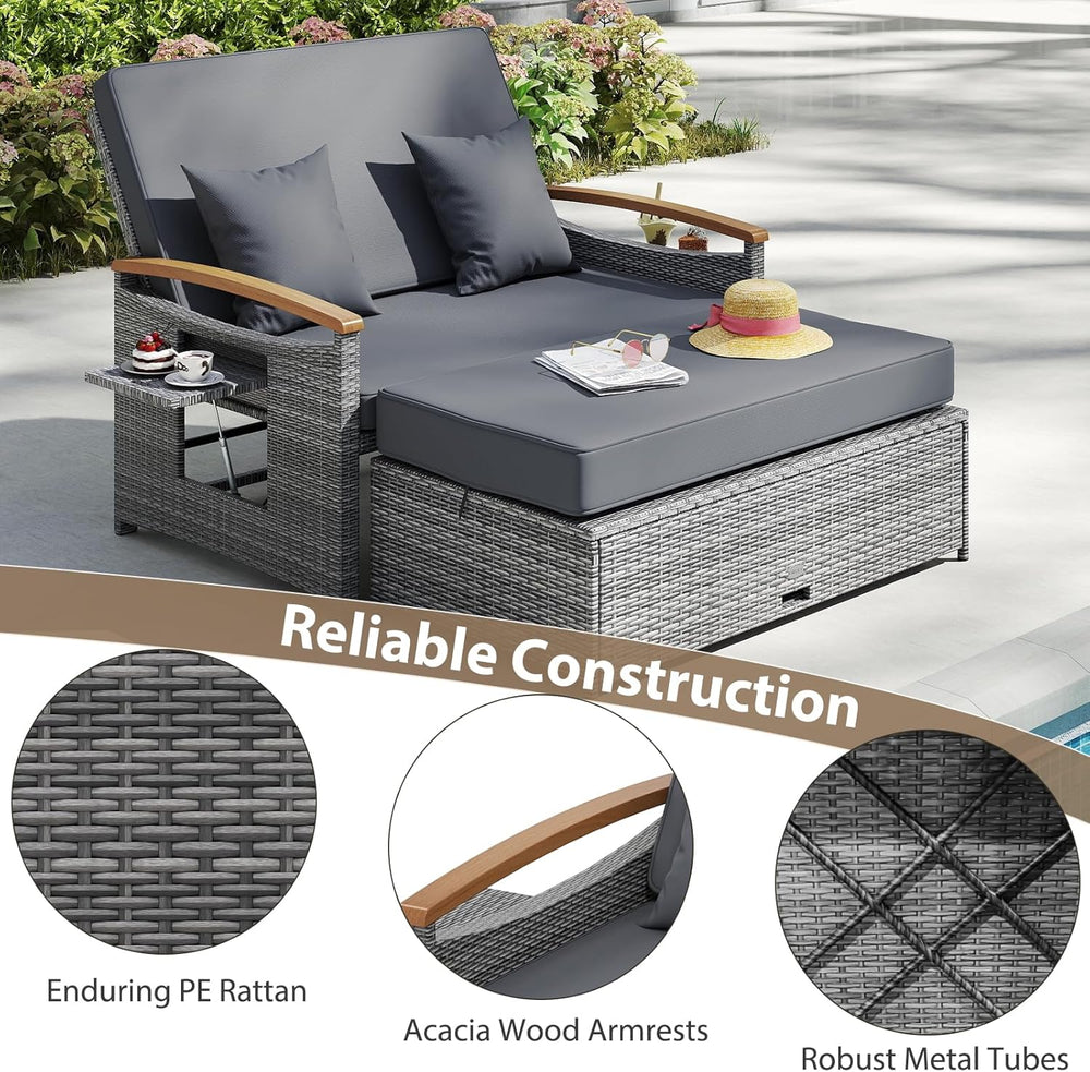 LDAILY Moccha Outdoor Wicker Daybed, Patio Rattan Loveseat Sofa w/ 4-Level Ad...