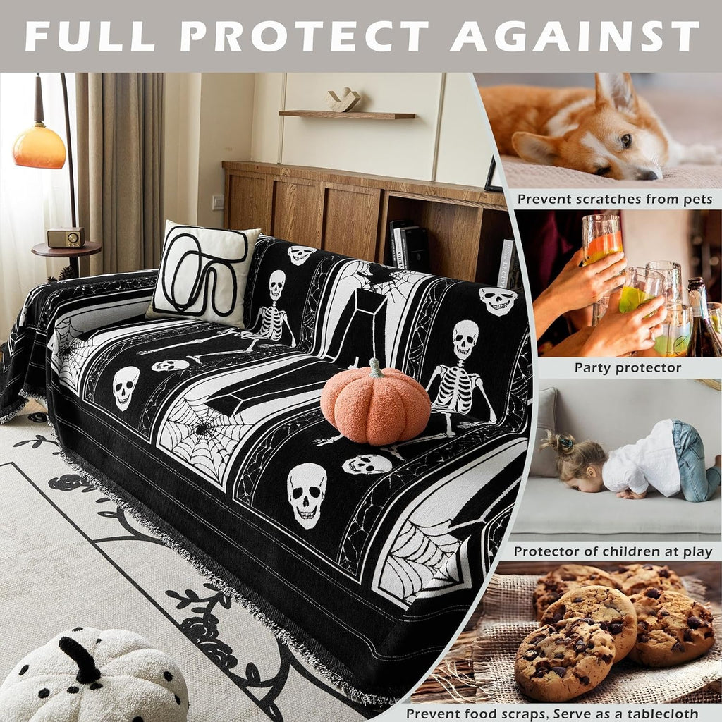 Cmfshape Halloween Sofa Couch Cover,Skull Prank Sofa Slipcovers for 3 Cushion Couch,Black Sofa Towel for Living Room Sectional,Furniture Protector for Pets,Kids-71"x102"