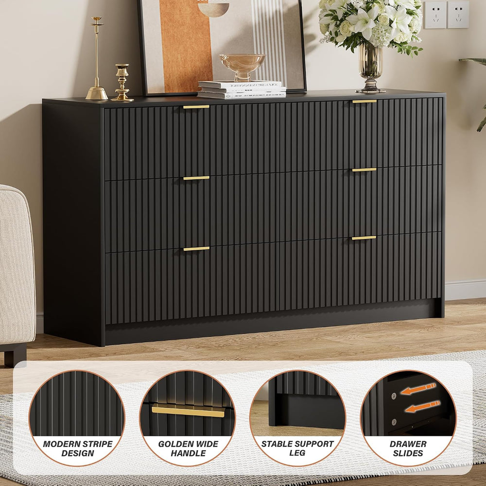 55.1" Wide Black Dresser for Bedroom, Fluted 6 Drawer Dresser