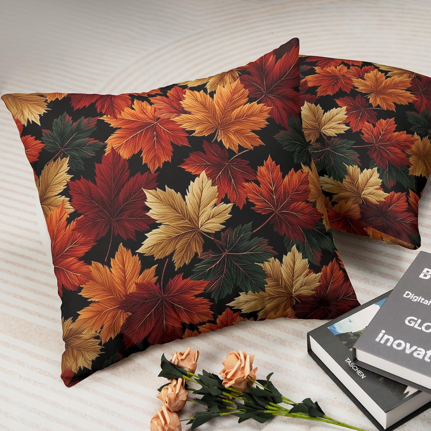Fall Leaf Pillow Covers Autumn Thanksgiving Pillow Cases Black Orange Maple Leaves Throw Pillow Covers 18x18 Set of 2 Harvest Cushion Cases for Home Farmhouse Sofa Couch