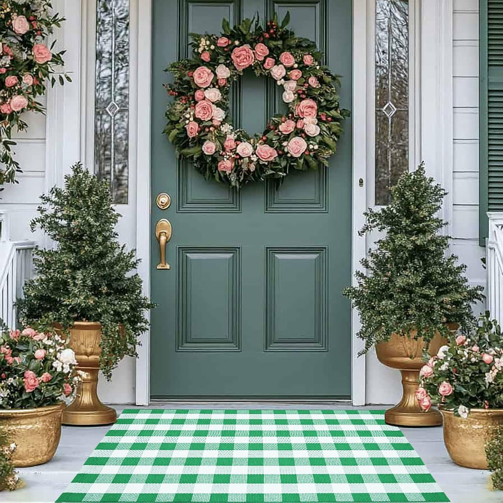 CAINANEL Buffalo Plaid Outdoor Rug Green and White Spring Door Mat Layering Rug Welcome Doormats for Spring Easter Farmhouse Entrance Porch Outdoors Decor