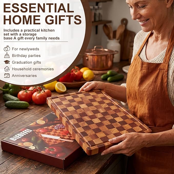 Checkered Cutting Board with Stand, Dual-Sided Wood Cutting Board with Juice