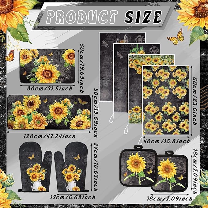 Fourluoo 10 Pcs Vintage Sunflower Kitchen Dish Towels Rugs Oven Mitts and Pot - Image 3