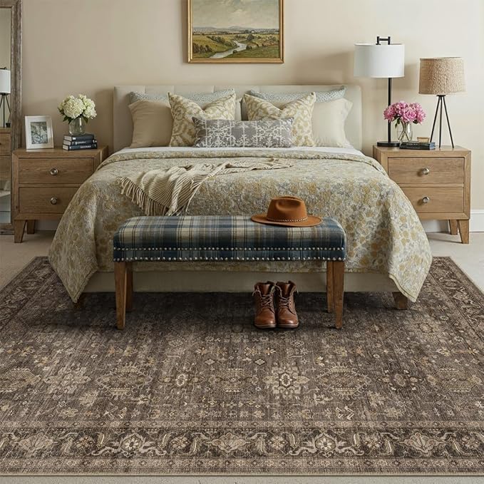 10x14 Washable Area Rug for Living Room Bedroom Vintage Brown Non Slip Carpet - Image 3