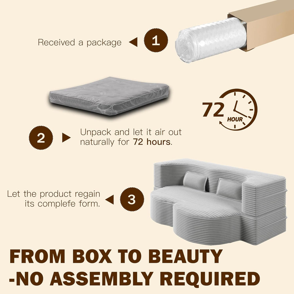78" Folding Sofa Bed, Twin Size Futon Boneless Couch, Light Grey Corduroy