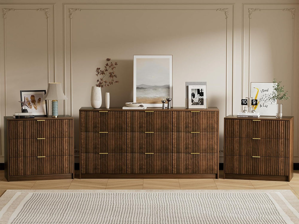 3 Piece Modern Bedroom Set, 9 Drawer Dresser with 2 Nightstands, Walnut