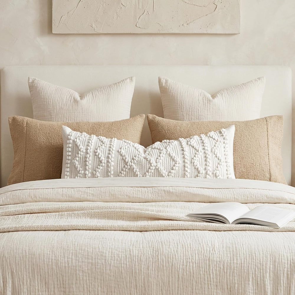 BlissBlush Pure White Decorative Lumbar Pillow Cover 14x36, Boho Long Throw P...