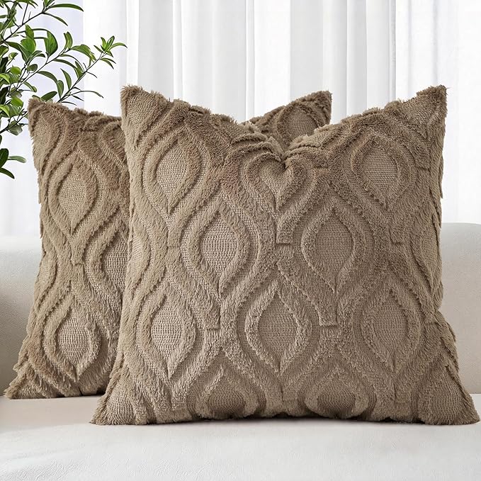 decorUhome Throw Pillow Covers 16x16 Inch Set of 2, Soft Plush Faux Wool Light by decorUhome