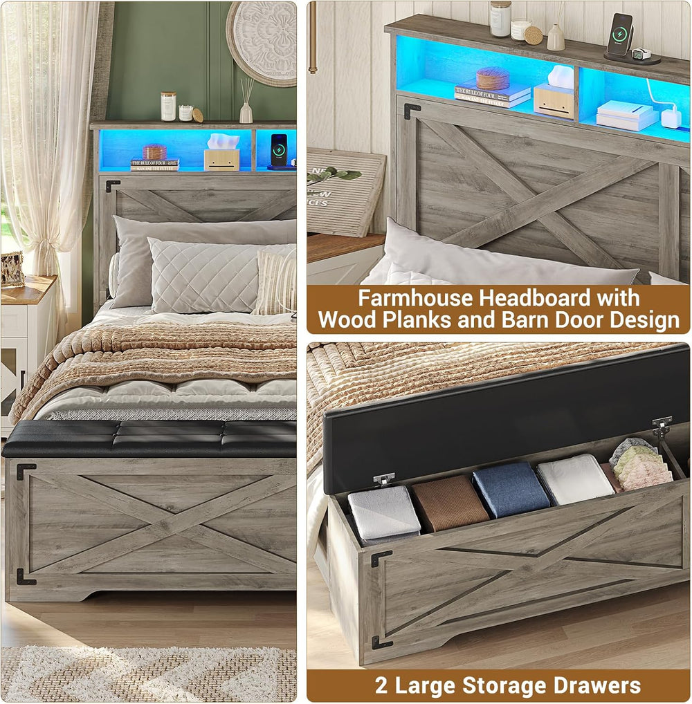 Queen Size Bed Frame with Storage Ottoman, Farmhouse Bed Frame with Charging ...