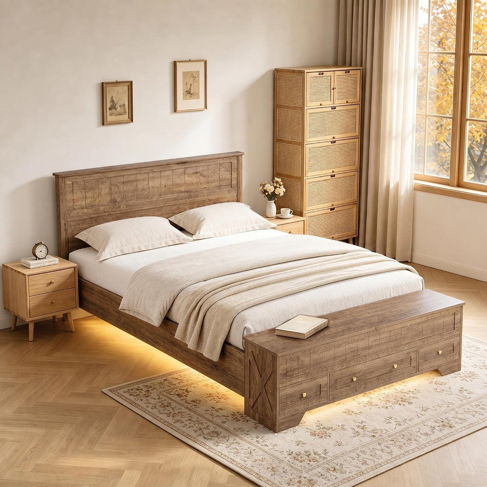 Farmhouse Queen Bed Frame with Headboard and Storage Bench (Rustic Brown)