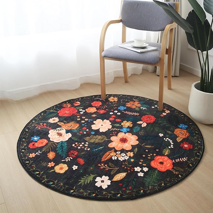 Rugcomf Round Rug 4ft Washable Circle Rug Non Slip Low Pile Boho Floral Small - Image 6