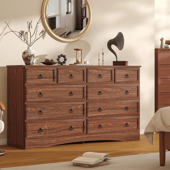 10 Drawers Dresser for Bedroom, 55.2 Inches Large Dressers Mid Century Modern Cherry Wood Chest of Drawers,Storage Organizer Furniture, Hallway, Entryway, Closet, Cherry Wood