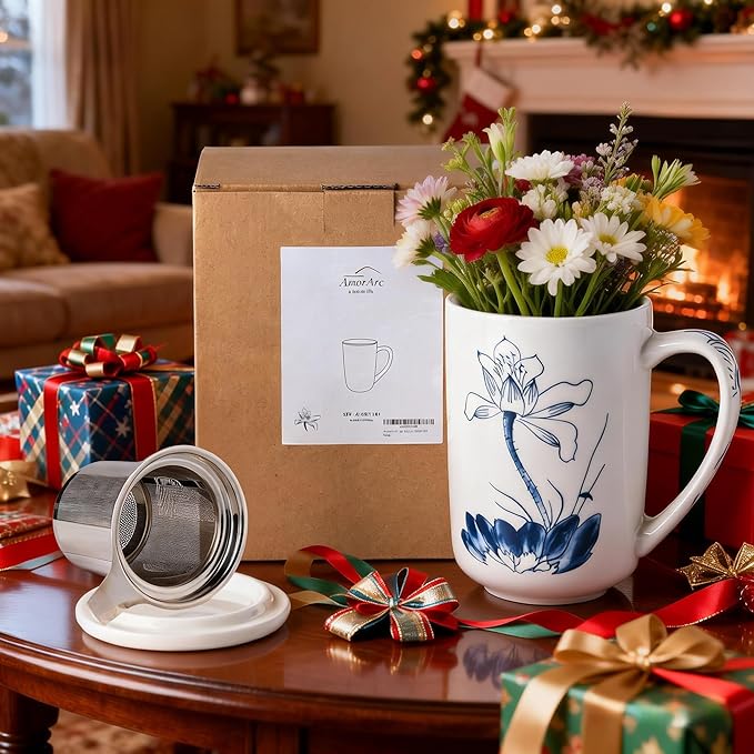 AmorArc Porcelain Tea Mug with Infuser and Lids, 18 Oz Large Cup Strainer with - Image 8