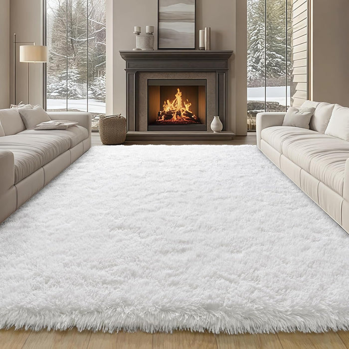 8x10 Large Area Rugs for Living Room, White Fluffy Shag Rug