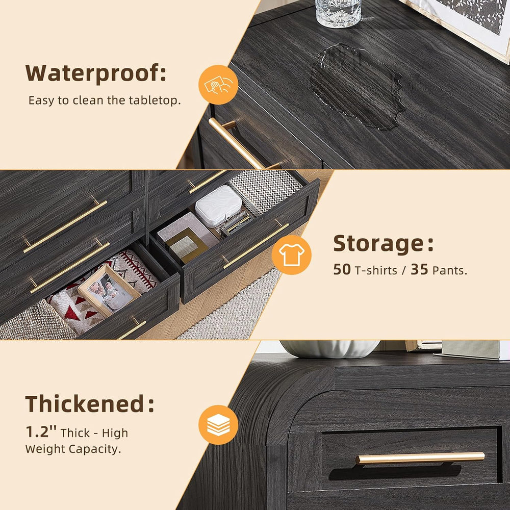 6 Drawer Dresser for Bedroom, Curved Chest of Drawers, Grey
