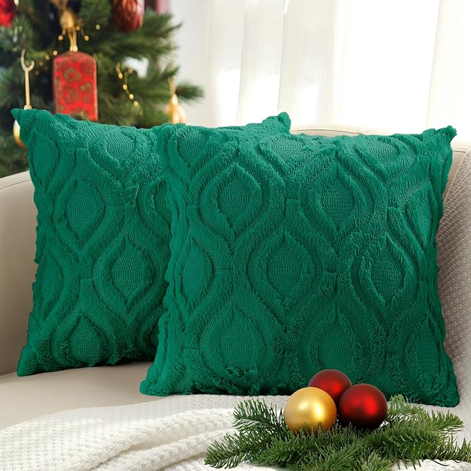 decorUhome Throw Pillow Covers 24x24 Inch Set of 2, Soft Plush Faux Wool Green by decorUhome