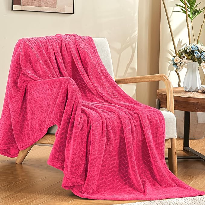 inhand Hot Pink Fleece Twin Blanket, Lightweight Leaves Pattern Fuzzy Blanket - Image 5