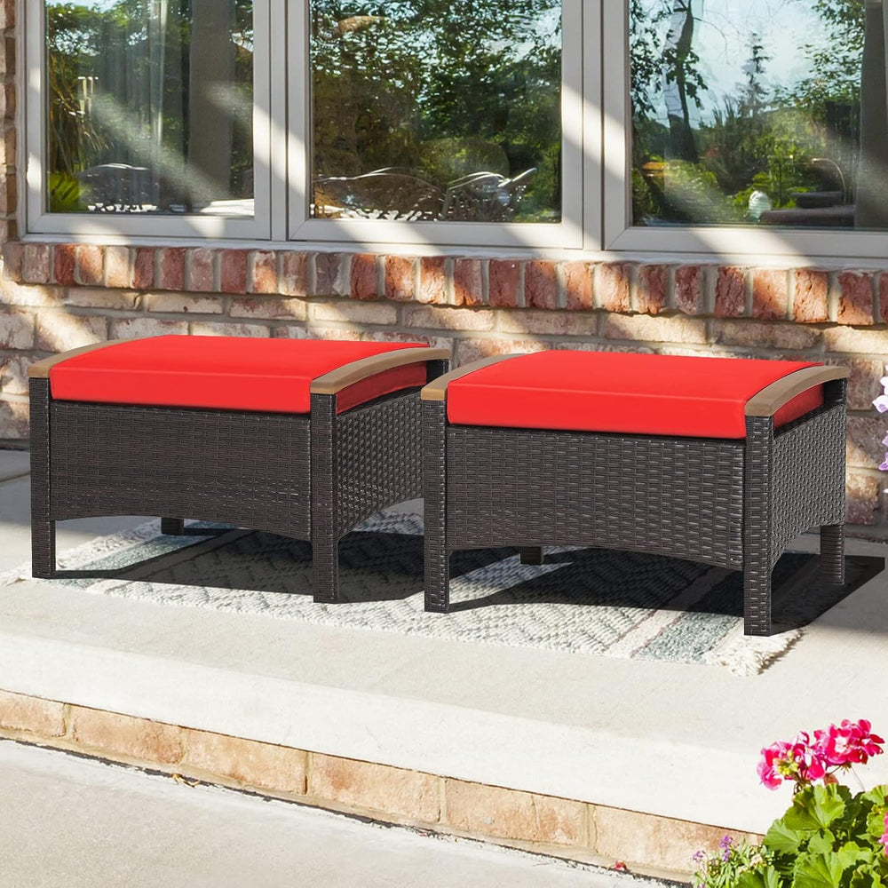 Tangkula 2 Piece Patio Rattan Ottomans, Outdoor Wicker Footstool w/Acacia Woo...