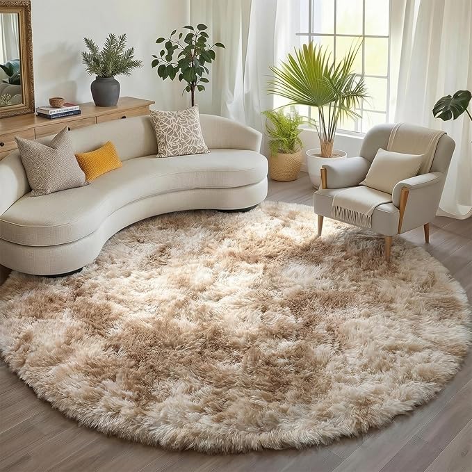 ONASAR Round Rugs 6ft for Living Room Bedroom, Tie-Dye Beige Fluffy Circle Area by ONASAR