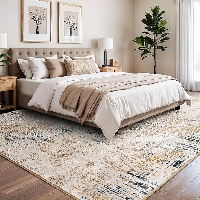 Rugflix 8x10 Washable Area Rugs, Neutral Boho Carpet Living Room Rug Non Slip
