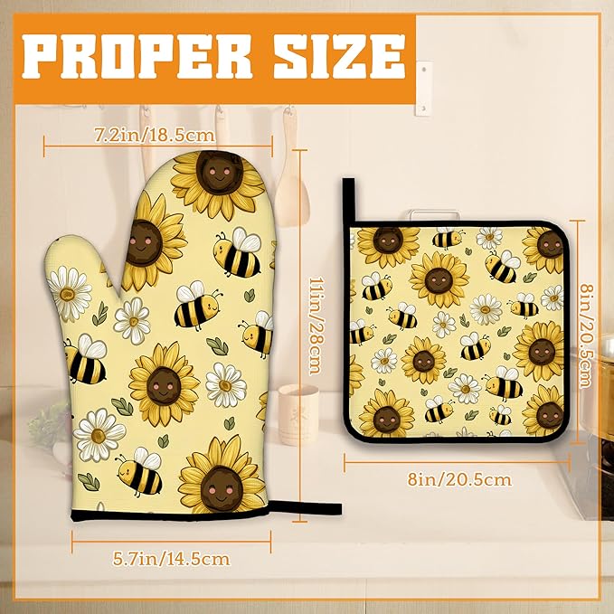 Sunflower Bee Oven Mitts and Pot Holders Set, Daisy Kitchen Oven Gloves and Pot - Image 2