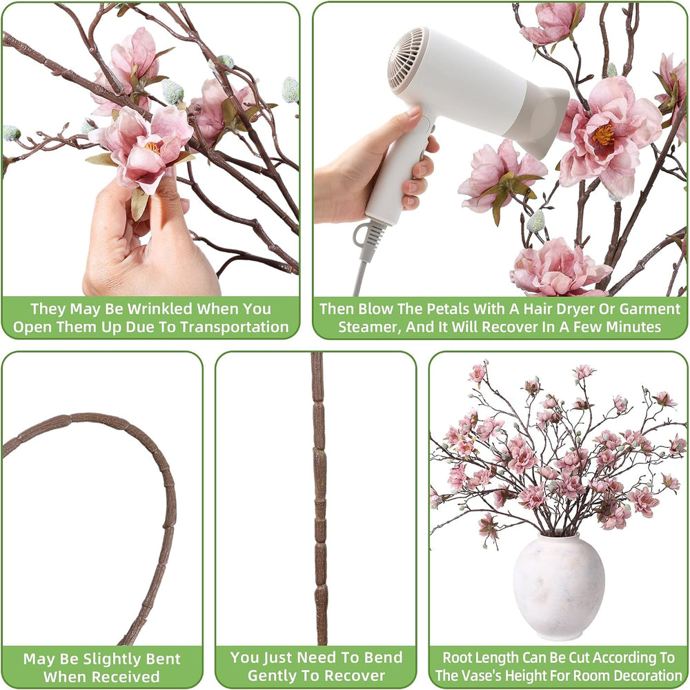 HyeFlora 3PCS Artificial Magnolia Flowers Stems for Spring Decoration, Faux P...