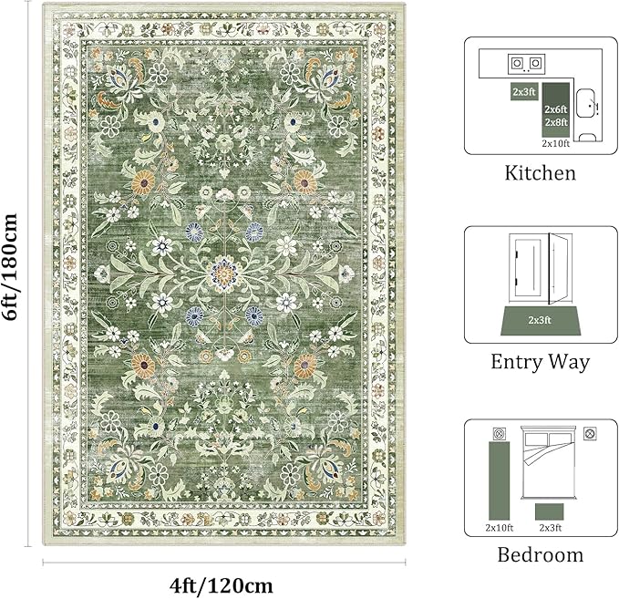 Yamaziot Washable Area Rug 4x6, Non-Slip Boho Floral Living Room Rug - Image 2