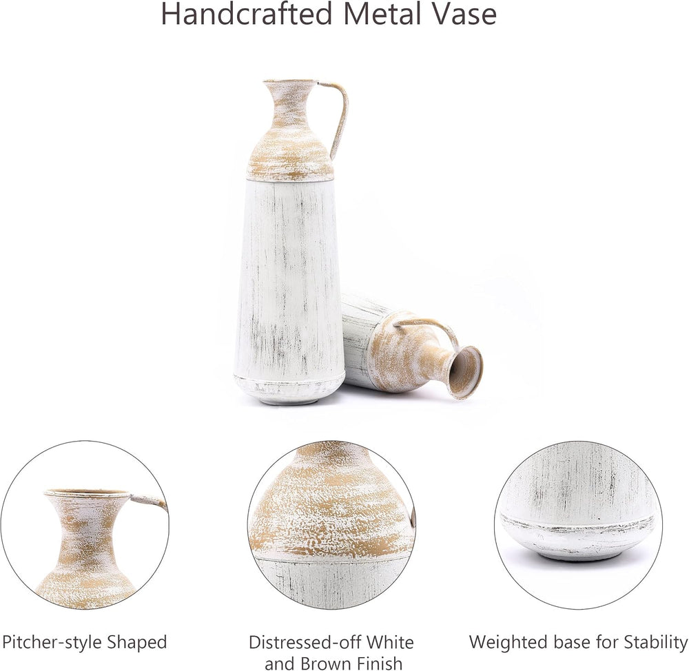 LuxenHöme Tall Floor Vase,Set of 2,Distressed Off White and Brown Rustic Meta...