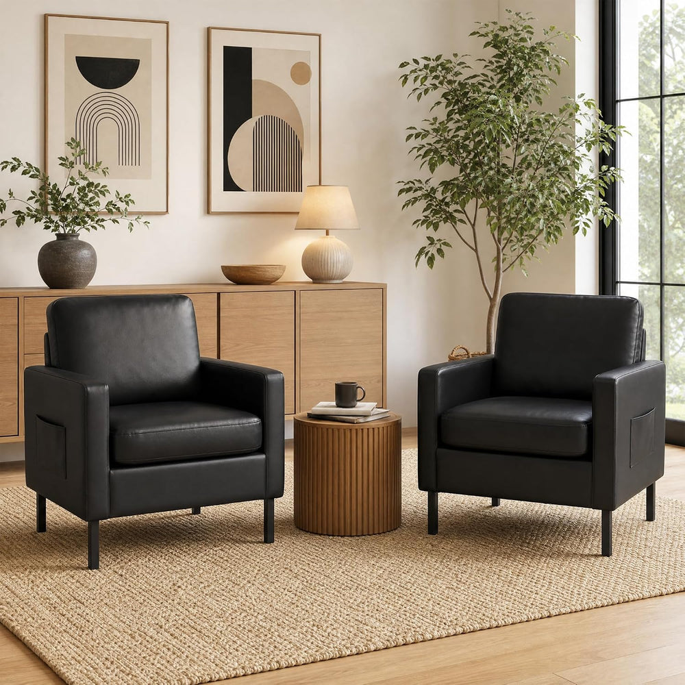 Mid Century Black Leather Mordern Accent Chairs Set of 2 for Living Room