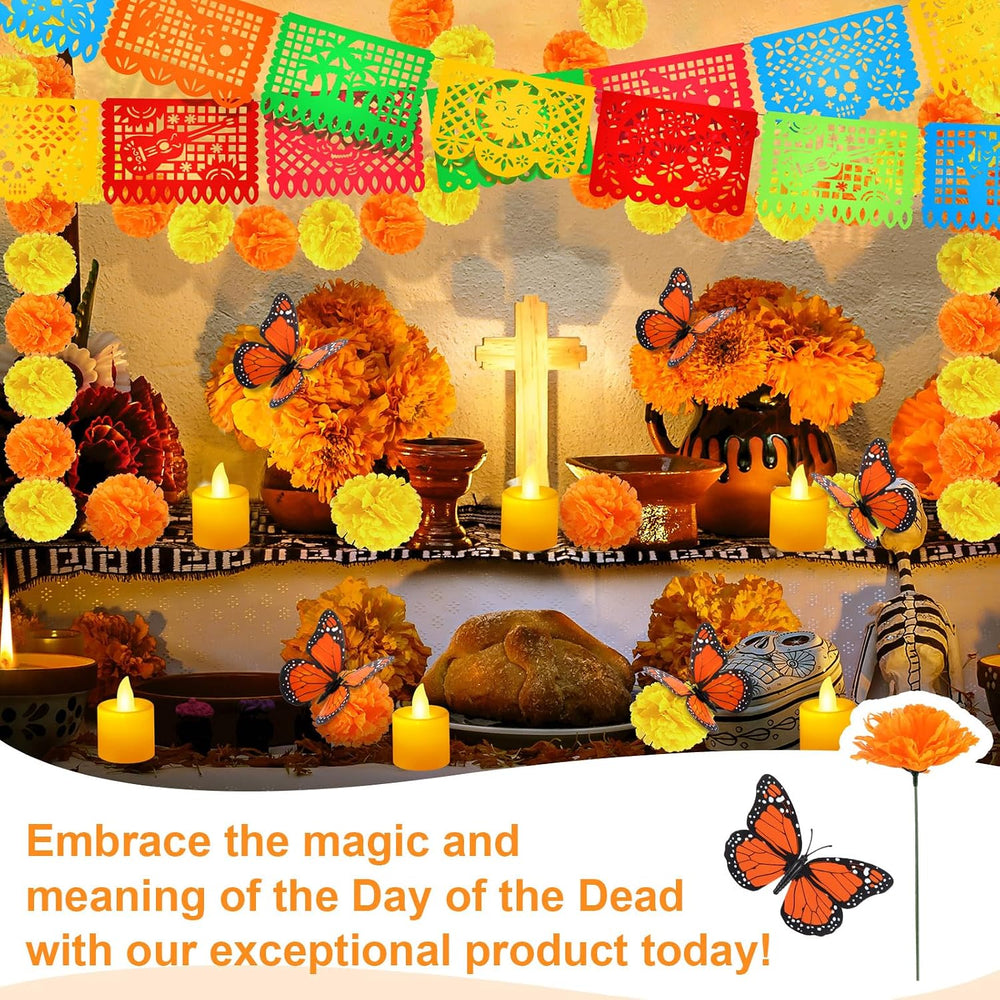 236 Pcs Day of the Dead Decoration Set 100 Artificial Marigold with Stem 4 Ca...